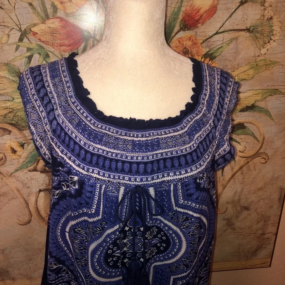 Sz M Band of Gypsies Coverup Smock Dress Off the Shoulder Blue Multiprint 861490